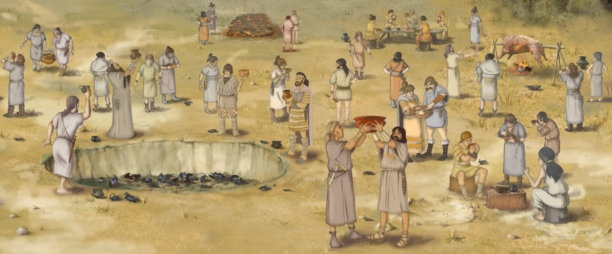A XI. ker. Október huszonharmadika utcai lelőhelyen feltárt késő bronzkori edénydepó földbe kerülése rituáléjának elméleti rekonstrukciója (rajz: Dörnyei Péter)